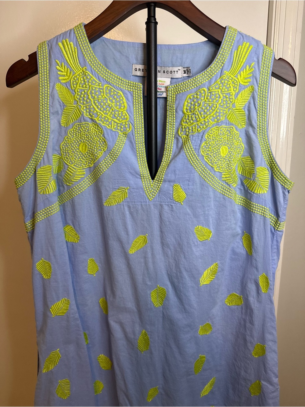 Gretchen Scott Women's Tank Shift Dress Light Blue with Lime Green Embroidery M - Picture 3 of 8